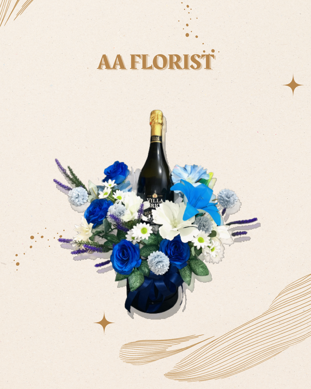 Royal Blue Elegant Flower Box – Hampers Bunga Artifisial & Botol Minuman Mewah